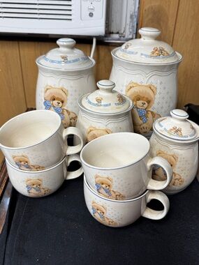 Teddy Bear Ceramic Jars and Mugs Set with Blue Accents